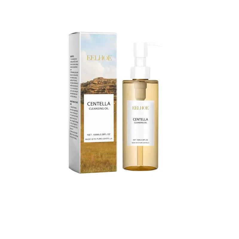 Gold bottle and box of Centella Cleansing Oil with 'Lelolek' branding on a white background.